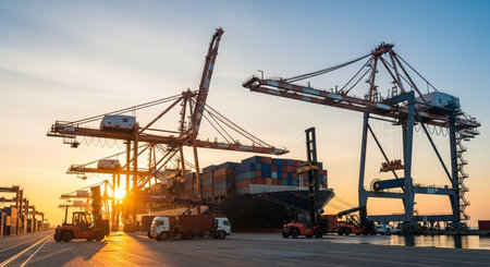 Container Cargo freight ship with working crane bridge at sunset for Logistic Import Export backgroundの素材