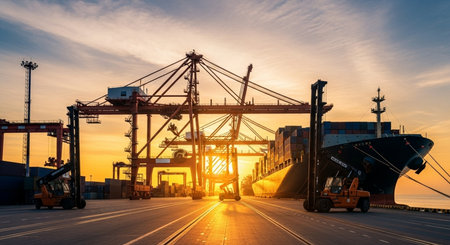 Container Cargo freight ship with working crane bridge at dusk for Logistic Import Export backgroundの素材