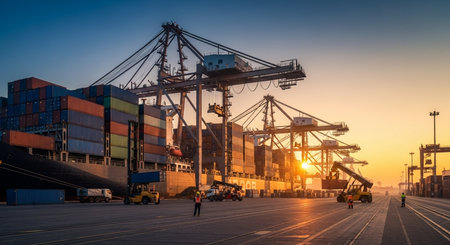 Container Cargo freight ship with working crane bridge in shipyard at dusk for Logistic Import Export backgroundの素材