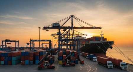 Container Cargo freight ship with working crane bridge at dusk for Logistic Import Export backgroundの素材