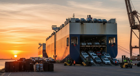 Cargo ship loading and unloading at the port terminal at sunsetの素材