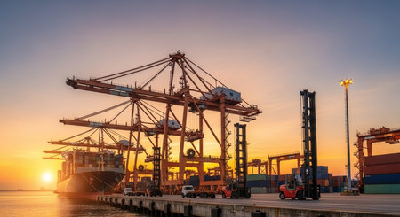 Container Cargo freight ship with working crane bridge at dusk for Logistic Import Export backgroundの素材