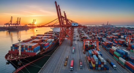 Container Cargo freight ship with working crane bridge at sunset for Logistic Import Export backgroundの素材