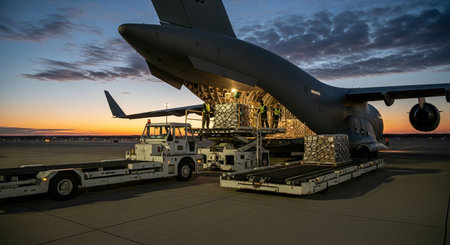 Cargo plane on the runway of the airport at sunset with a passenger planeの素材