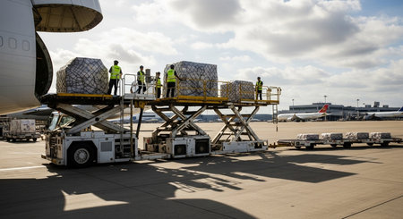 unloading cargo at Frankfurt Airportの素材