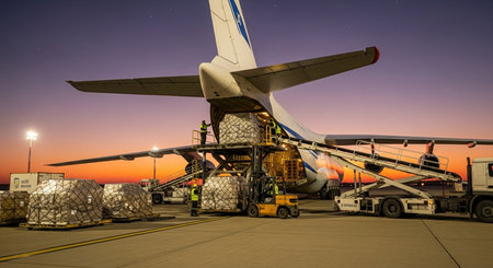 Airport terminal at night with loading crumpled goods by forkliftの素材