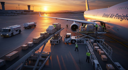 Airport terminal at sunset with cargo loading and unloading of aircraftの素材