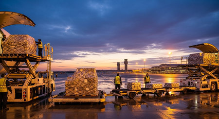 Cargo terminal for loading bulk cargo of iron ore by ship cranes and grabs at sunset.の素材