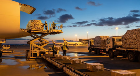 Airport terminal, loading and unloading of cargo from the planeの素材