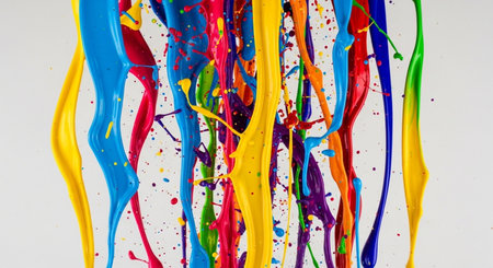 Colored splashes of paint on a white background close-upの素材
