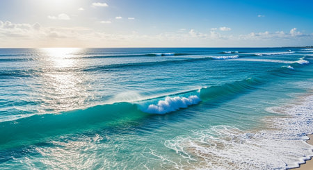Aerial panoramic view of beautiful turquoise ocean wave on sandy beachの素材