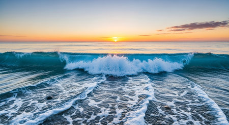 Aerial view of beautiful sunset over the ocean waves. Beautiful seascape background.の素材