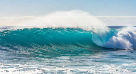 Surfing big ocean wave on a sunny day with blue sky.の素材