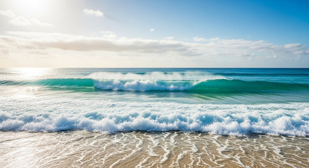 Panoramic view of beautiful turquoise ocean waves on sandy beachの素材