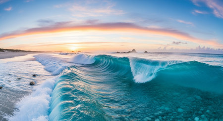 Panoramic view of beautiful ocean wave on the beach at sunsetの素材