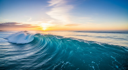 Ocean wave at sunset. Beautiful nature background with blue sky and sun.の素材