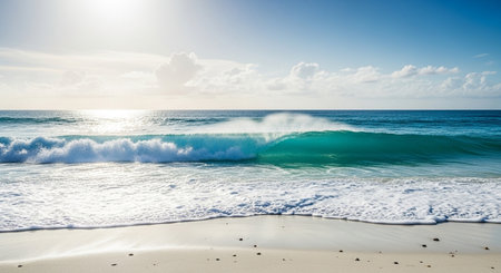 Beautiful seascape with turquoise ocean wave on sandy beach.の素材
