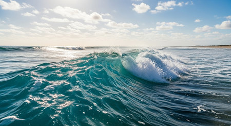 Waves in the sea with blue sky and clouds, panoramic viewの素材