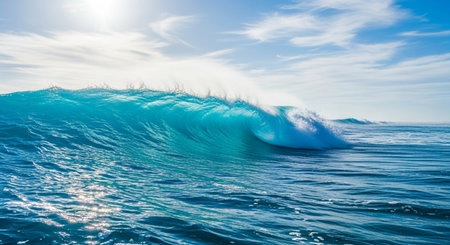 Blue ocean wave with sun and blue sky background. 3d renderingの素材