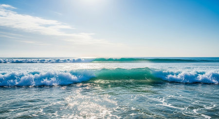Turquoise wave on the beach at sunset time. Panoramaの素材