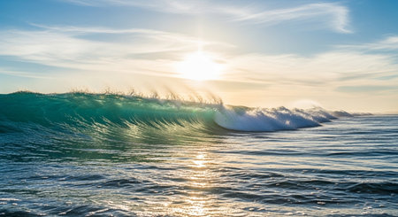 Surfing ocean wave at sunset. 3D Rendering and Illustration.の素材