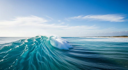 Ocean wave and blue sky with white clouds. Panoramic view.の素材