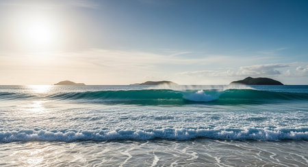 Beautiful seascape at sunrise. Panoramic image of waves in the ocean.の素材