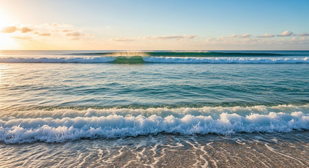 Beautiful sunset on the beach with turquoise water and wavesの素材