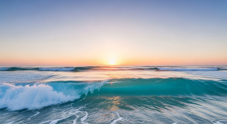 Panoramic view of the ocean waves at sunset. Beautiful natural backgroundの素材