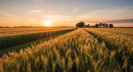Sunset over a field with ears of wheat in the foreground and trees in the backgroundの素材