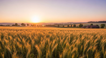 Sunset over a wheat field in summer with a small village in the backgroundの素材