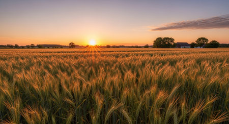 Sunset over a field of wheat with a small village in the backgroundの素材