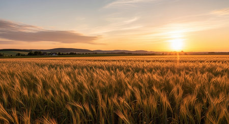 Sunset over a wheat field in the countryside of Bavaria, Germanyの素材
