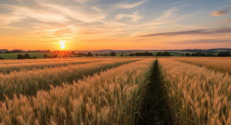 Sunset over wheat field in summer. Panoramic view.の素材