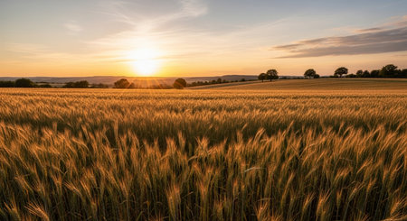 Sunset over a wheat field in summer with trees in the backgroundの素材