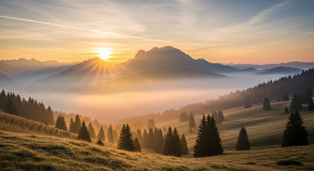 Foggy sunrise in the mountains landscape. Panoramic view.の素材