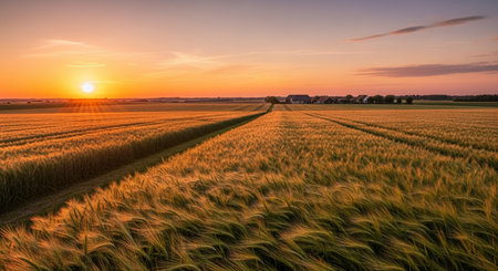 Sunset over a field with ears of wheat and a country house in the backgroundの素材