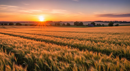 Sunset over the wheat field. Beautiful summer landscape. Rural scene.の素材