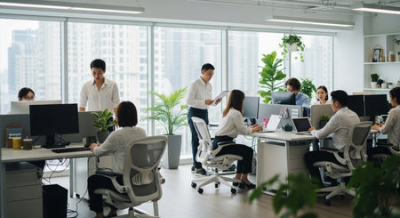 Group of business people working and communicating together in modern bright office.の素材