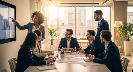 Business people working together in modern office. Businessmen and businesswomen are having a meeting.の素材