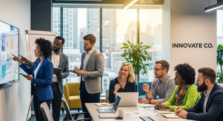 Multiethnic startup business team on meeting in modern bright office interior brainstorming, working on laptop and tablet computerの素材