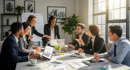 Group of multiethnic business people working together in modern office. Multiethnic group of people sitting at table and discussing new project. Teamwork conceptの素材