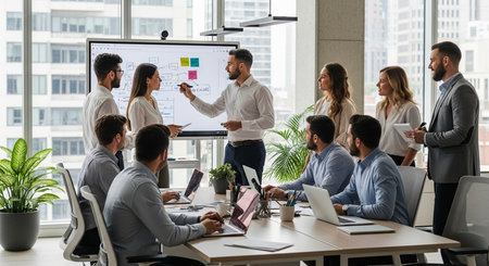 Multiethnic group of business people working together in modern office. Corporate businessteam and manager working together.の素材