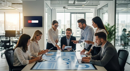 Group of business people working together in modern office. They are sitting at the table and communicating.の素材