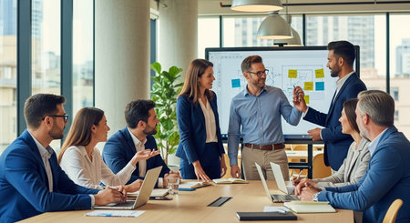 Group of business people having a meeting in modern office. Businessman giving a presentation to his colleagues.の素材