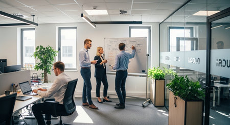 Group of young business people discussing business plan at modern startup office buildingの素材