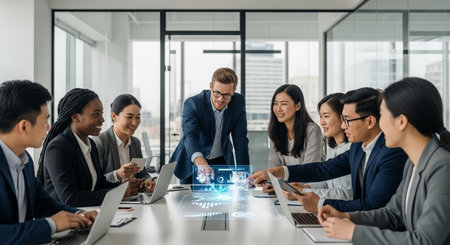 Group of business people working on laptop computer in modern office while having a meeting.の素材