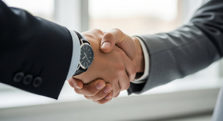 Business people shaking hands, finishing up a meeting. Businessman and businesswoman greet each other with a handshake.の素材