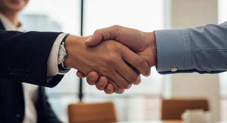 Close-up of business people shaking hands with each other in officeの素材