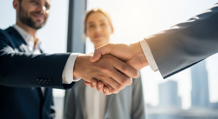 Business people shaking hands, finishing up a meeting. Business handshake concept.の素材